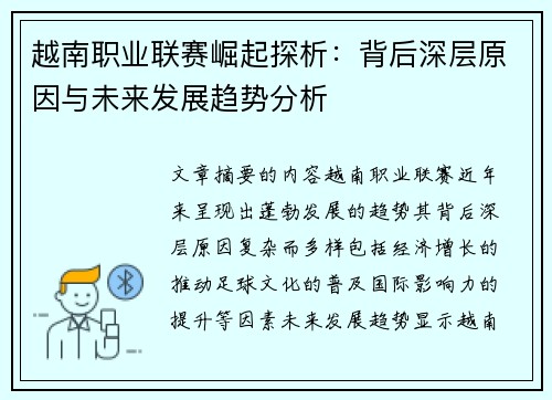 越南职业联赛崛起探析：背后深层原因与未来发展趋势分析